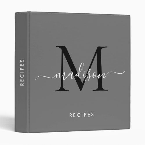 Top 5! Elegant Monogram Gray White Script Name Recipe 3 Ring Binder