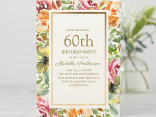 Big Deals! Red Orange Floral Green Leaves Gold 60th Birthday Invitation