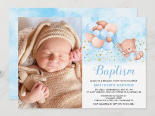 Best Deals! Teddy Bear Blue Balloons Gold Stars Photo Baptism Invitation