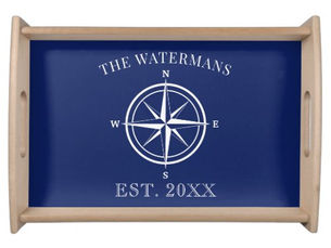 Hot Deals! Nautical Compass Rose Navy Blue Family Name Serving Tray