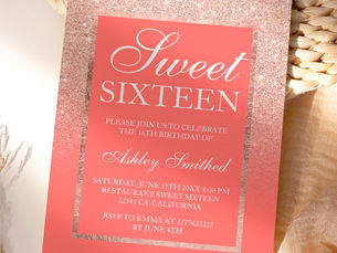Top 5! Faux rose gold glitter coral elegant chic Sweet 16 Invitation