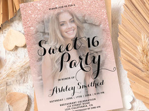 Top 5! Modern faux rose gold glitter ombre photo Sweet 16 Invitation