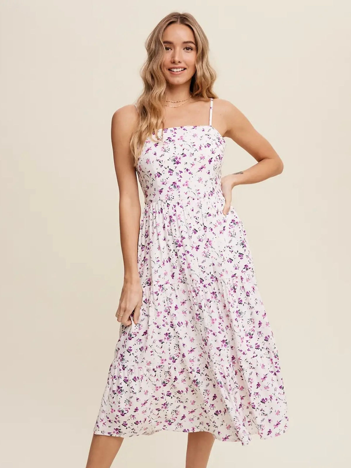 Lilac Floral Tiered Midi Dress Front View