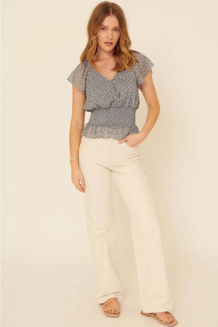 Thumbnail: Denim Blue Floral Flutter Sleeve Smocked Top Front View