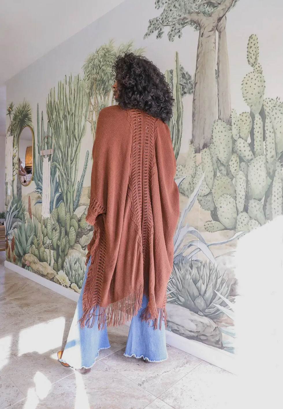 Thumbnail: Rust Open Work Frayed Border Bohemian Ruana Rear View