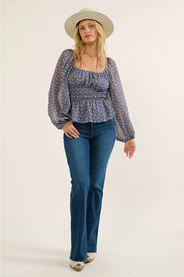 Thumbnail: Navy Floral Square Neck Long Sleeve Blouse Front View