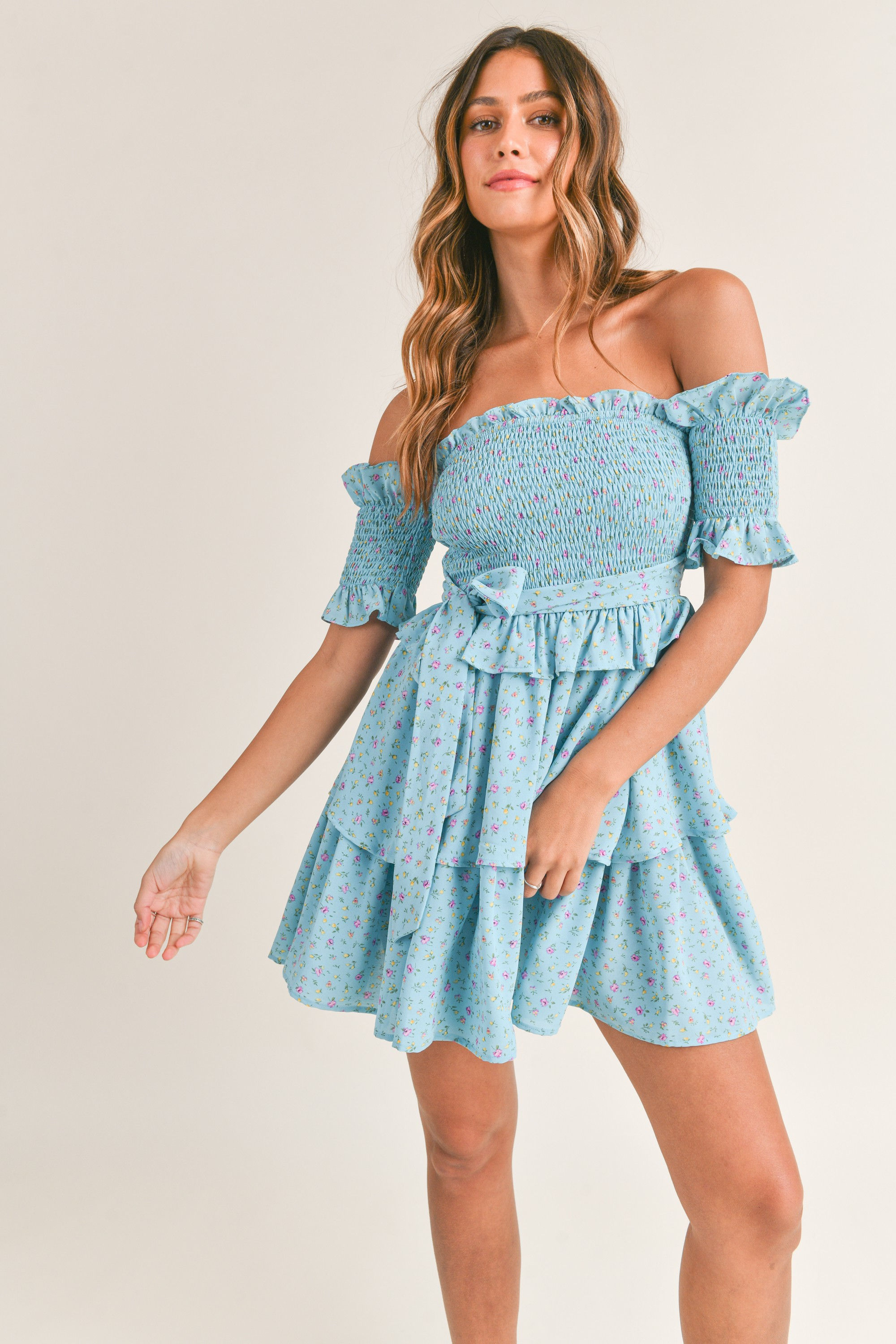 floral off the shoulder smocked mini dress front view