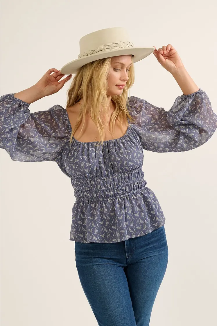 Thumbnail: Navy Floral Square Neck Long Sleeve Blouse Front View