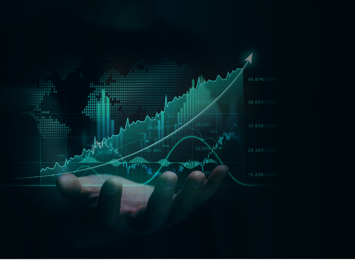 A hand with a Floating green graph trending upwards being projected on it