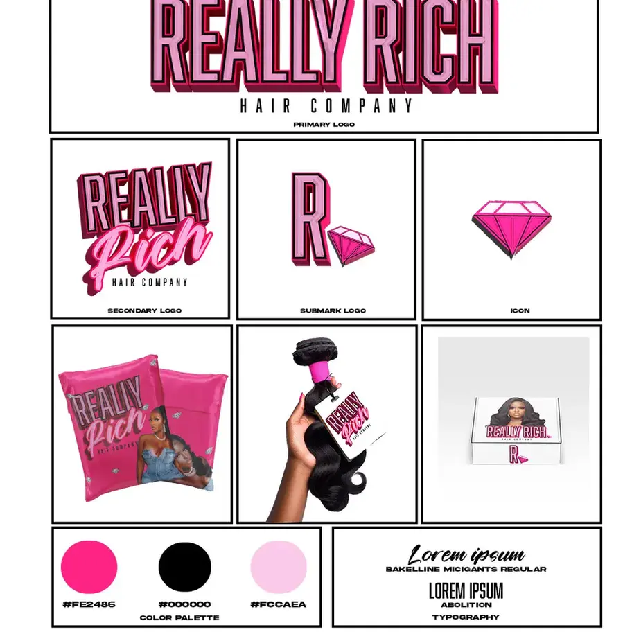 Really Rich Hair Company logo, diamonds, hair bundles, and color swatches. MAKAIOGFXCO.