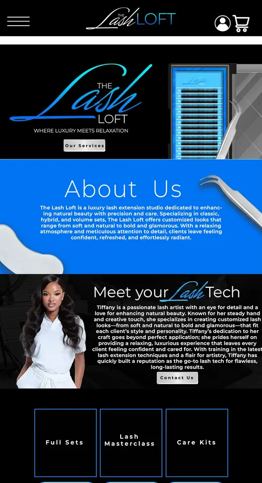 Lash Loft's website with 'About Us' section, Meet Your Lash Tech, Get Services MAKAIOGFXCO