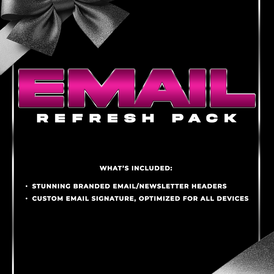 Email Refresh Pack promotional graphic featuring custom branded email headers and optimized email signatures. sleek black bac
