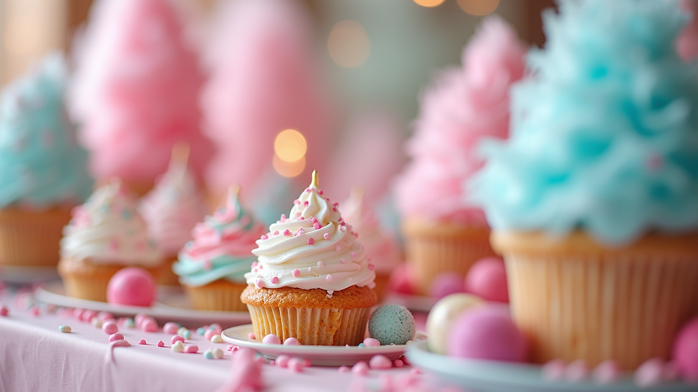 Eye-level view of a dessert table decorated with sugar-free cotton candy and colorful treats