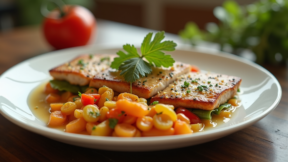 Eye-level view of a colorful plate with vegetables and lean protein