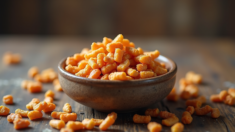 Eye-level view of a bowl filled with crunchy, colorful snack bits on a rustic table
