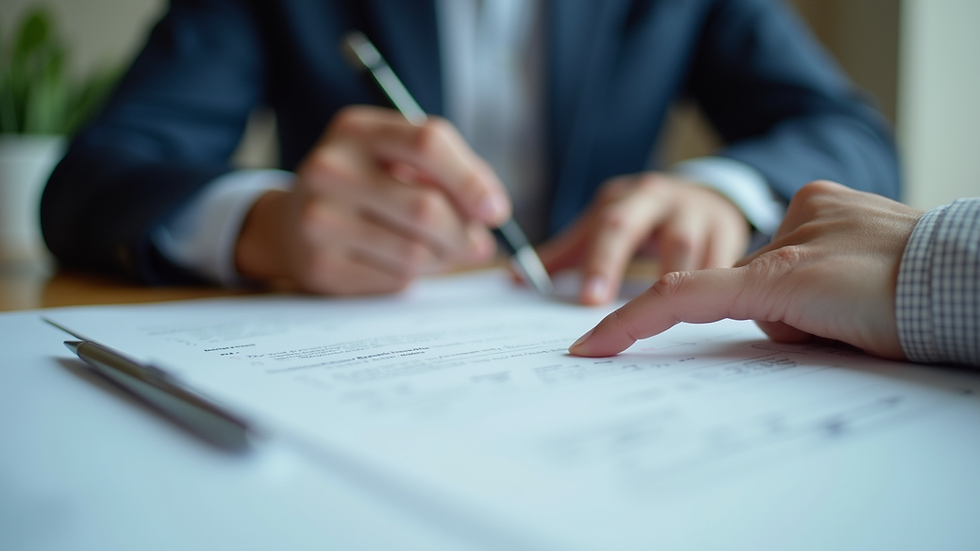 Close-up view of a business professional reviewing documents at a desk