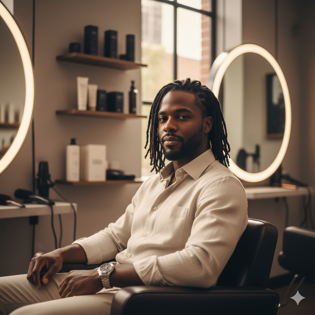Young woman with long Knotless Braids, wearing a black salon cape, by Tinny.