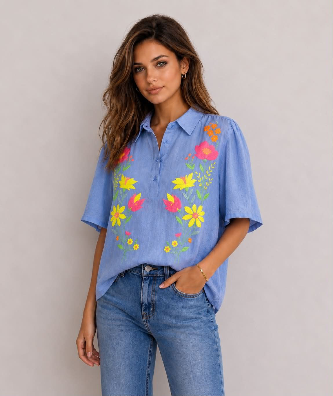 Flora broderie blouse BLAUW