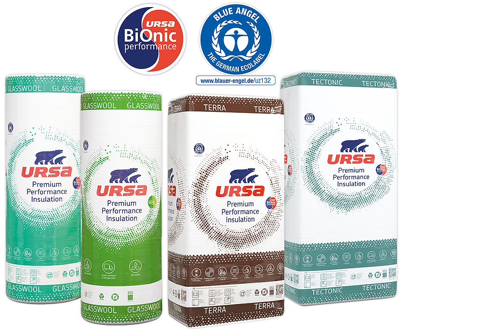 URSA szigetelőanyagok, zöld, barna és kék csomagolásban. Logók: BiOnic, Blue Angel. Felirat: "Premium Performance Insulation".