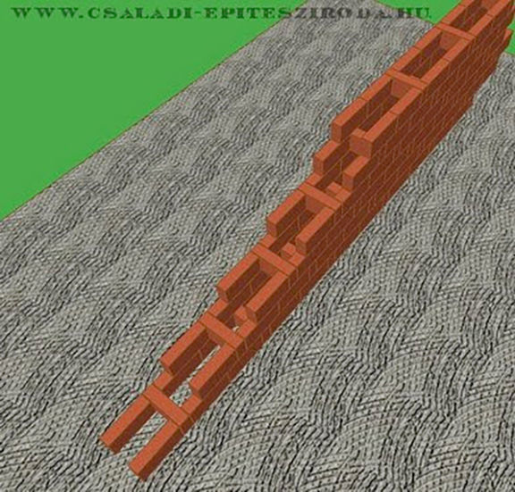 3D látványterv egy vörös téglafalról szürke alapfelületen, zöld háttérrel; felül vízjel: www.csaladi-epitesziroda.hu