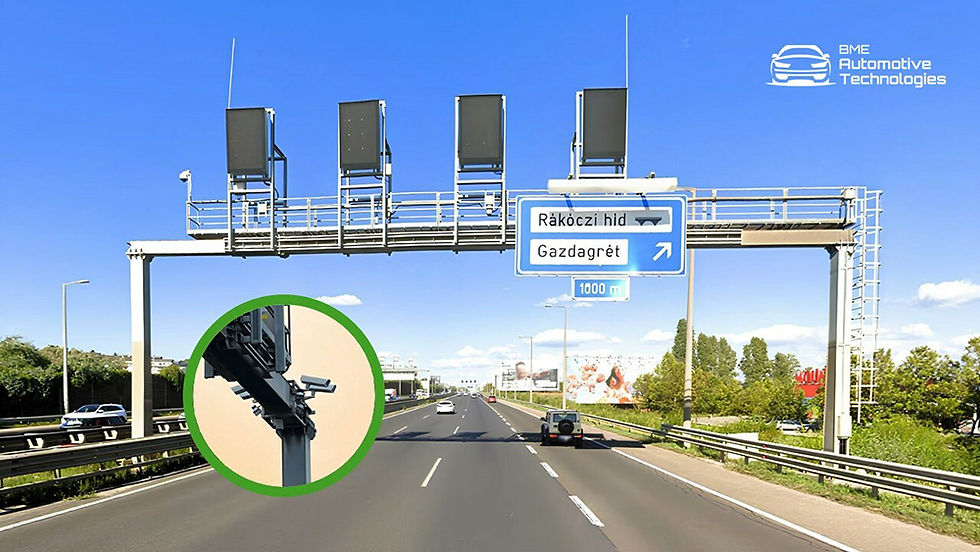 Autópálya fölötti tábla és kamerák, Rákóczi híd/Gazdagrét jelzéssel, kék ég alatt, BME Automotive Technologies logóval.