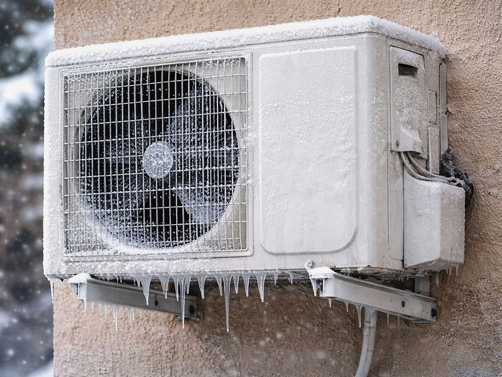 Jéggel és hóval borított kültéri klímaegység a falon, a ventilátoron jégcsapok lógnak, hideg téli hangulat.