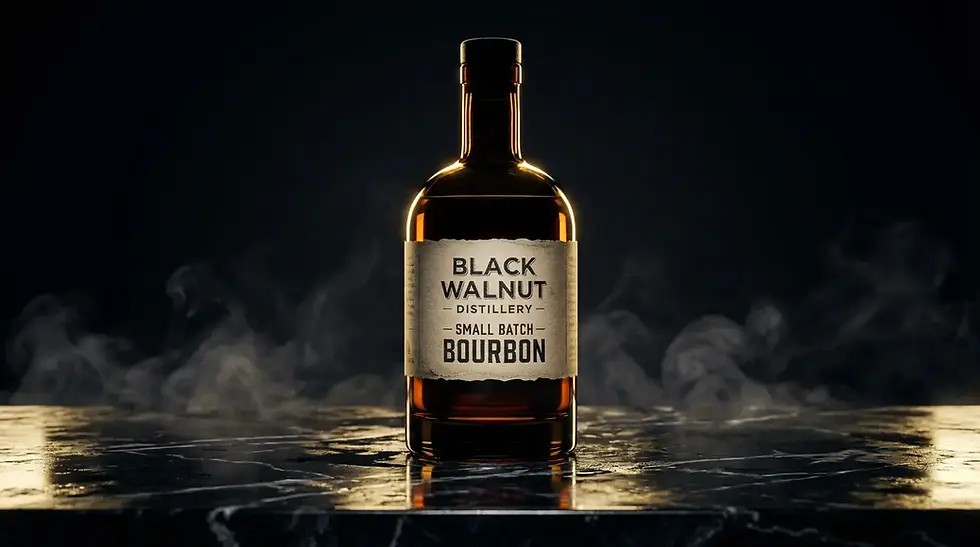 Bruine fles Black Walnut Bourbon op zwarte marmeren achtergrond. Etiket tekst zichtbaar. Mystieke sfeer met lichte nevel.