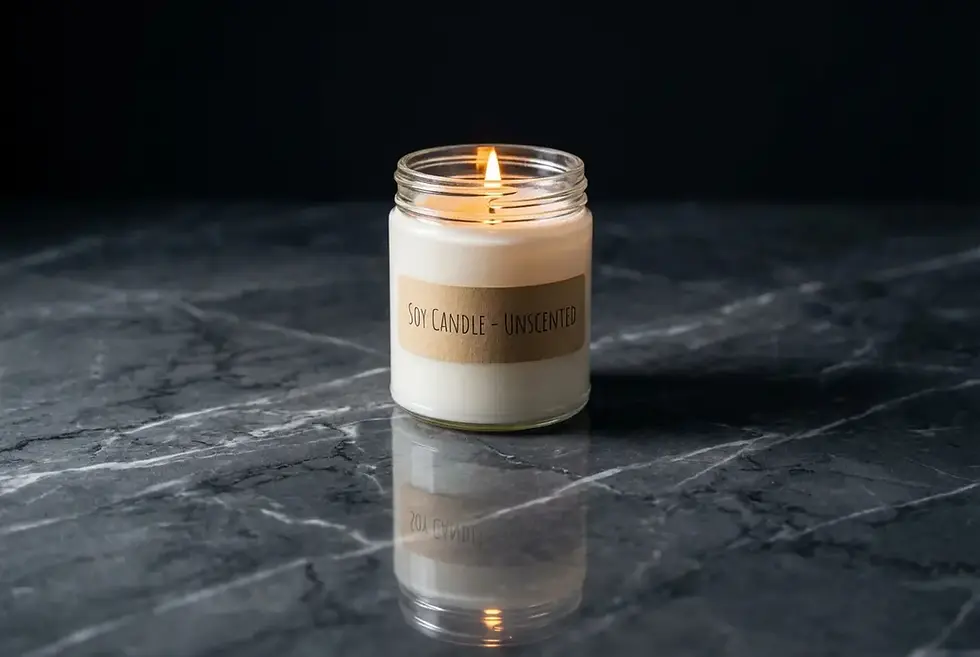 AI Productfotografie - Een brandende sojakaars zonder geur in een glazen pot op een grijs marmeren tafelblad. Het etiket zegt "Soy Candle - Unscented".