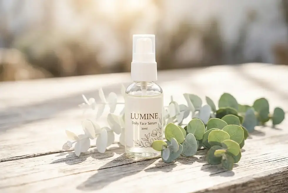 AI Productfoto Flesje Lumine gezichtserum op houten tafel, omgeven door groene en witte bladeren. Zacht zonlicht schijnt in een rustieke setting.