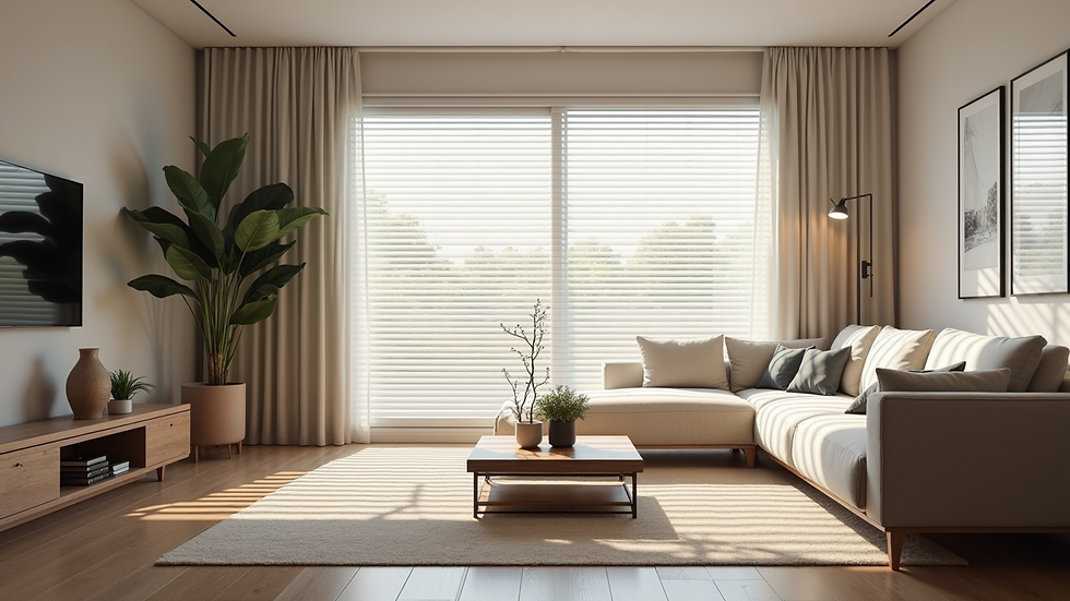 Eye-level view of modern living room with motorized window blinds partially closed