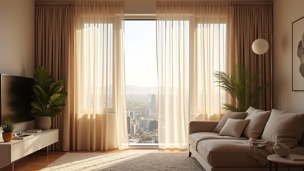 Eye-level view of motorized curtains opening in a modern living room