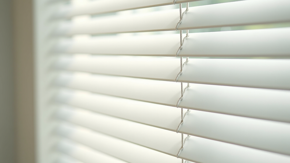Close-up view of white cellular blinds partially open on a sunny day