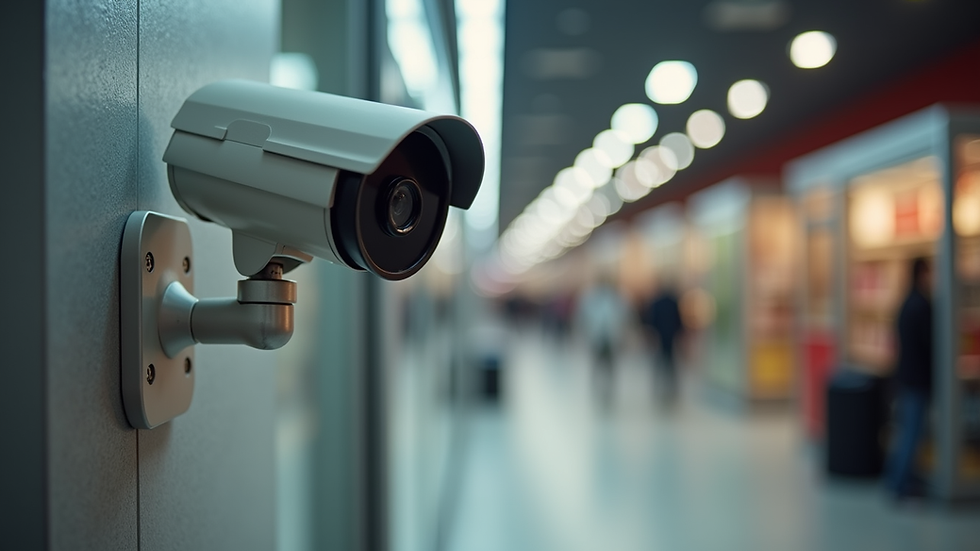 Vista a nivel de ojo de una cámara IP instalada en la fachada de un comercio