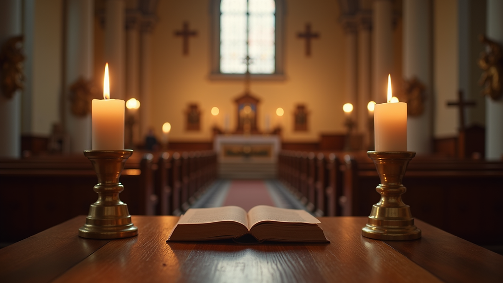Close-up view of a church altar with candles and a Bible