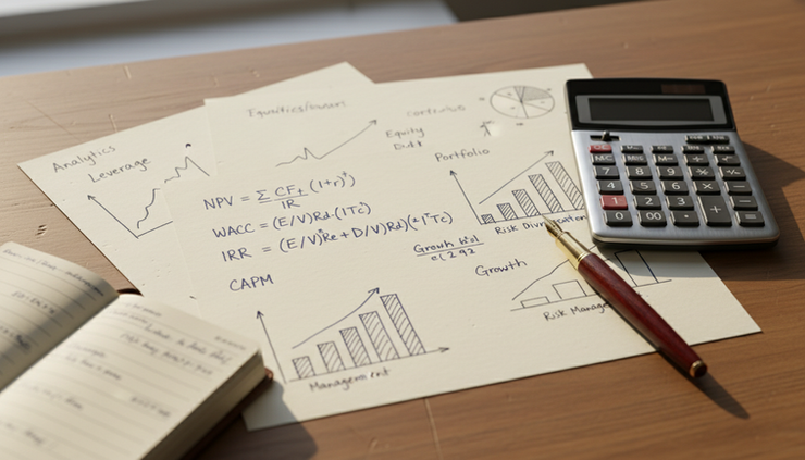 Close-up view of handwritten notes on finance and analytics beside a calculator