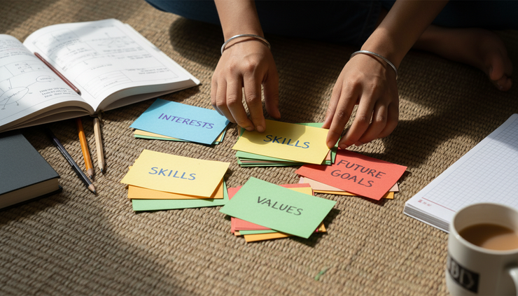 Close-up view of a student's hands sorting handwritten cards labelled interests, skills and values