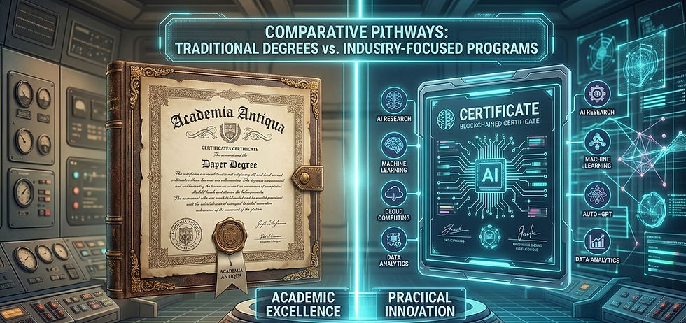 Two certificates compared: a traditional degree and a digital blockchain certificate, highlighting academic versus practical skills in a tech setting.