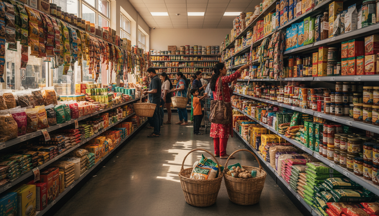 Wide-angle view of a busy grocery aisle with colourful products arranged on shelves.