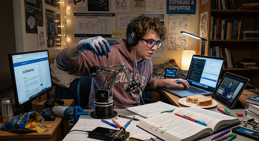 Eye-level view of a person working at a desk with a laptop, notebook, and coffee cup