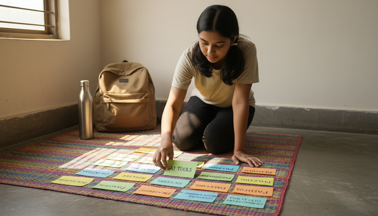 Eye-level view of a student arranging career skill cards on a study mat
