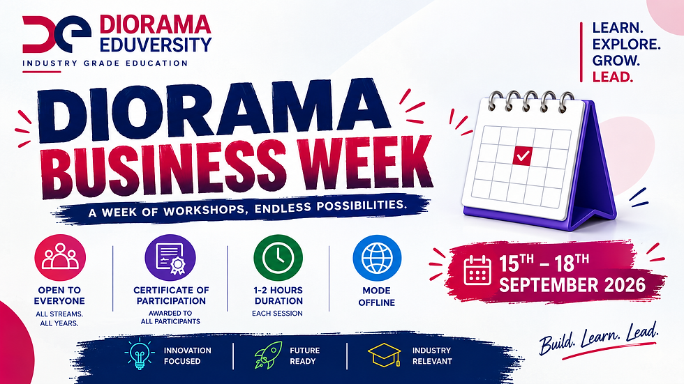 Diorama Business Week poster with calendar, workshop icons, and dates 15th–18th September 2026; learn, explore, grow, lead.