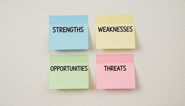 Eye-level view of four coloured sticky notes labelled Strengths, Weaknesses, Opportunities and Threats on a classroom wall