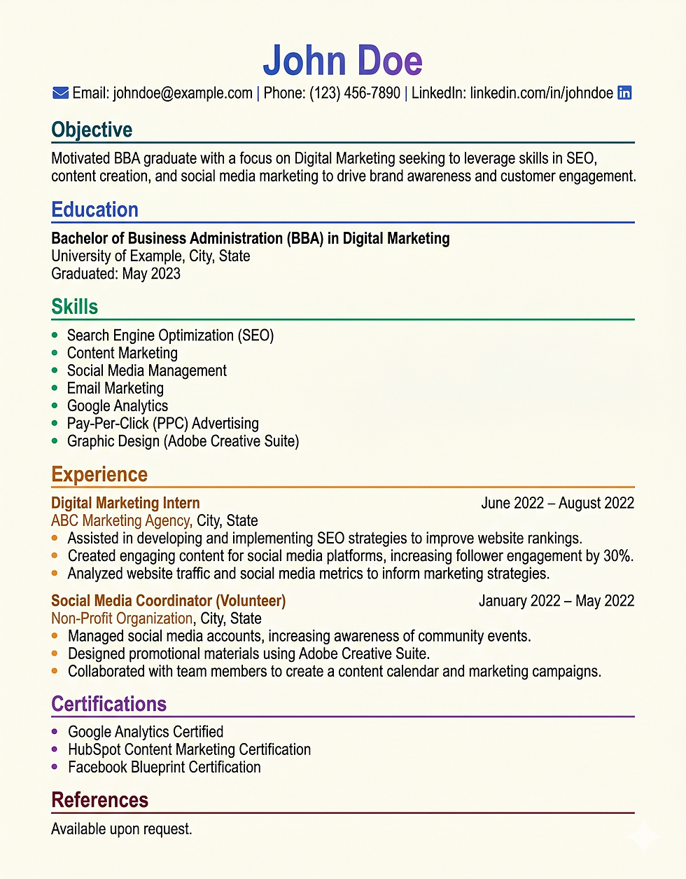 Resume for John Doe featuring contact details, skills in SEO and marketing, experience as an intern and volunteer, and certifications.