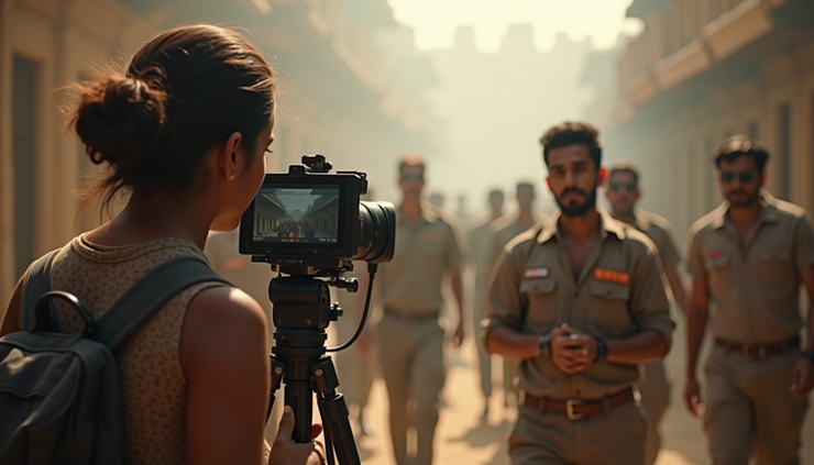 Eye-level view of a bustling Bollywood film set with crew members coordinating around cameras and lighting equipment
