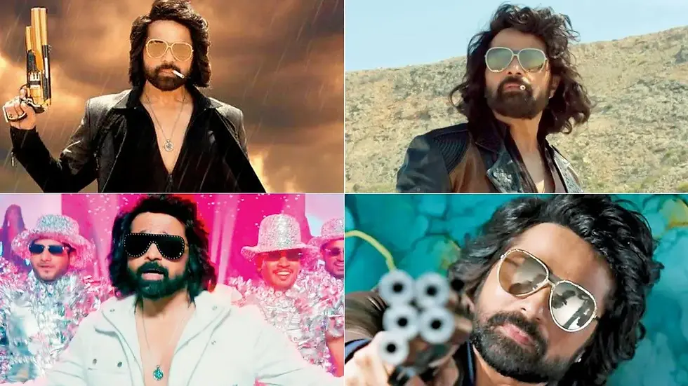 Collage of a bearded man in sunglasses in action scenes: holding and aiming a gun, posing in desert and neon dance settings.