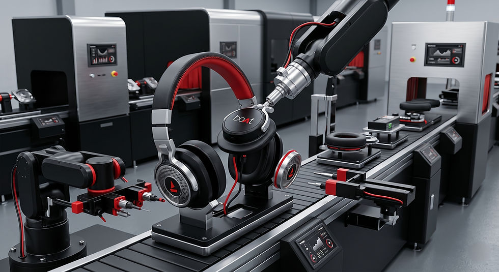 Eye-level view of a boAt headphone placed on a wooden table with vibrant background