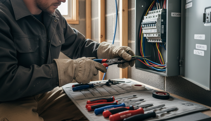 Close-up of a craftsperson repairing an electrical panel with labelled tools beside them
