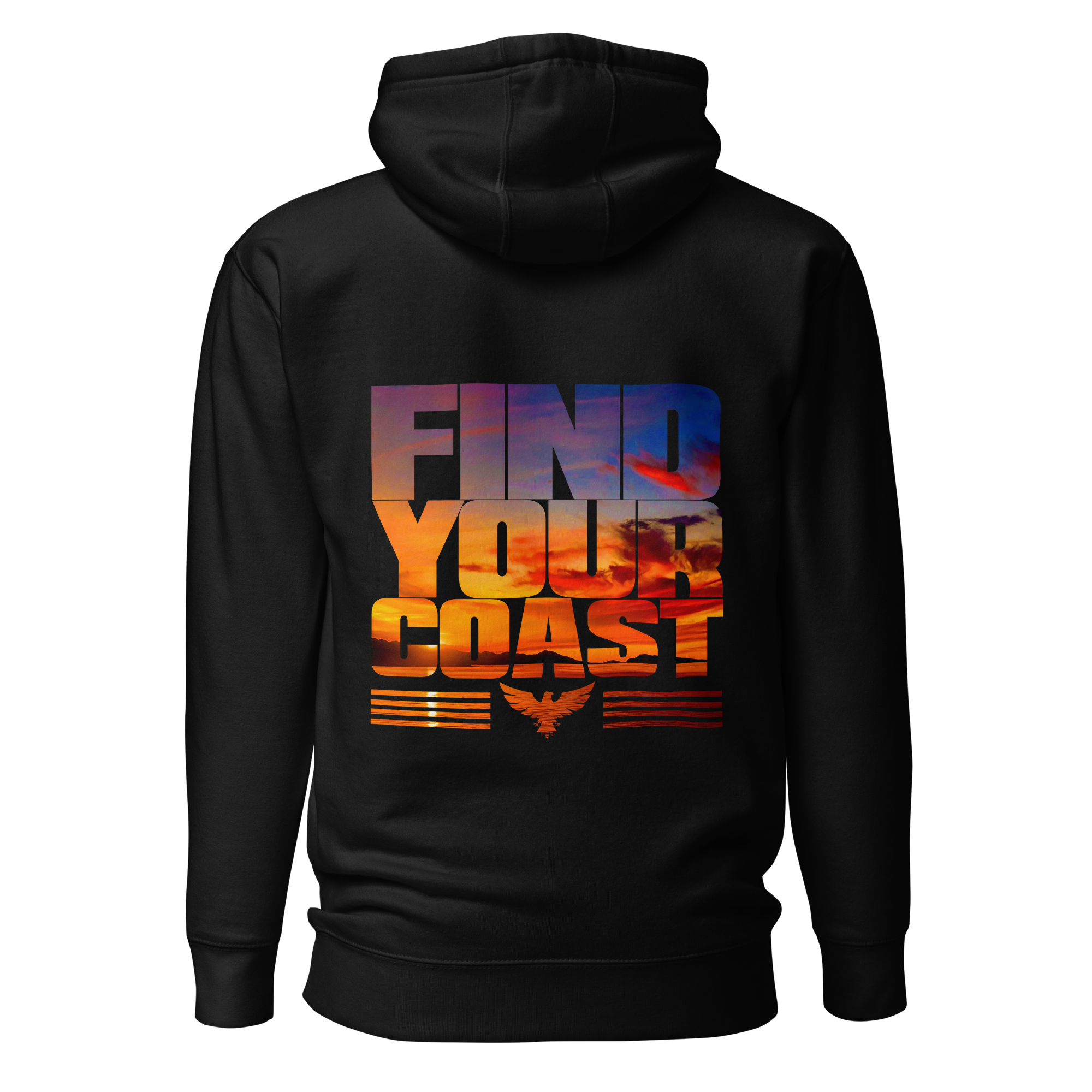 Black hoodie displaying 'Find Your Coast' with sunset graphic