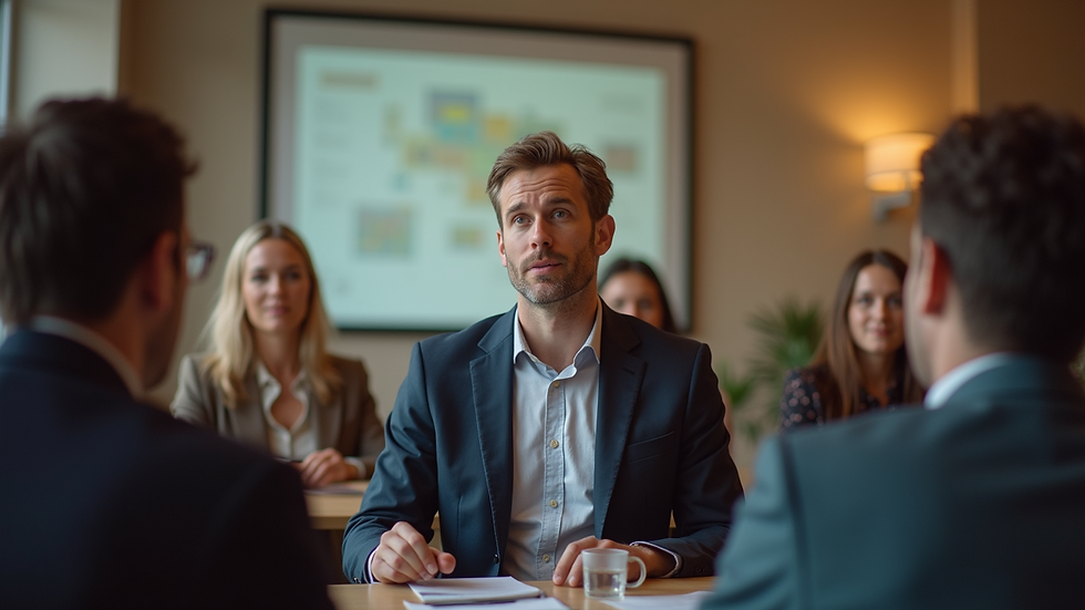 Eye-level view of a person speaking to a small group in a casual setting