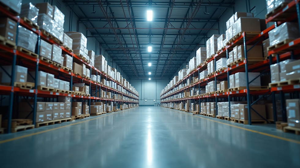 Eye-level view of warehouse with energy-efficient LED lighting